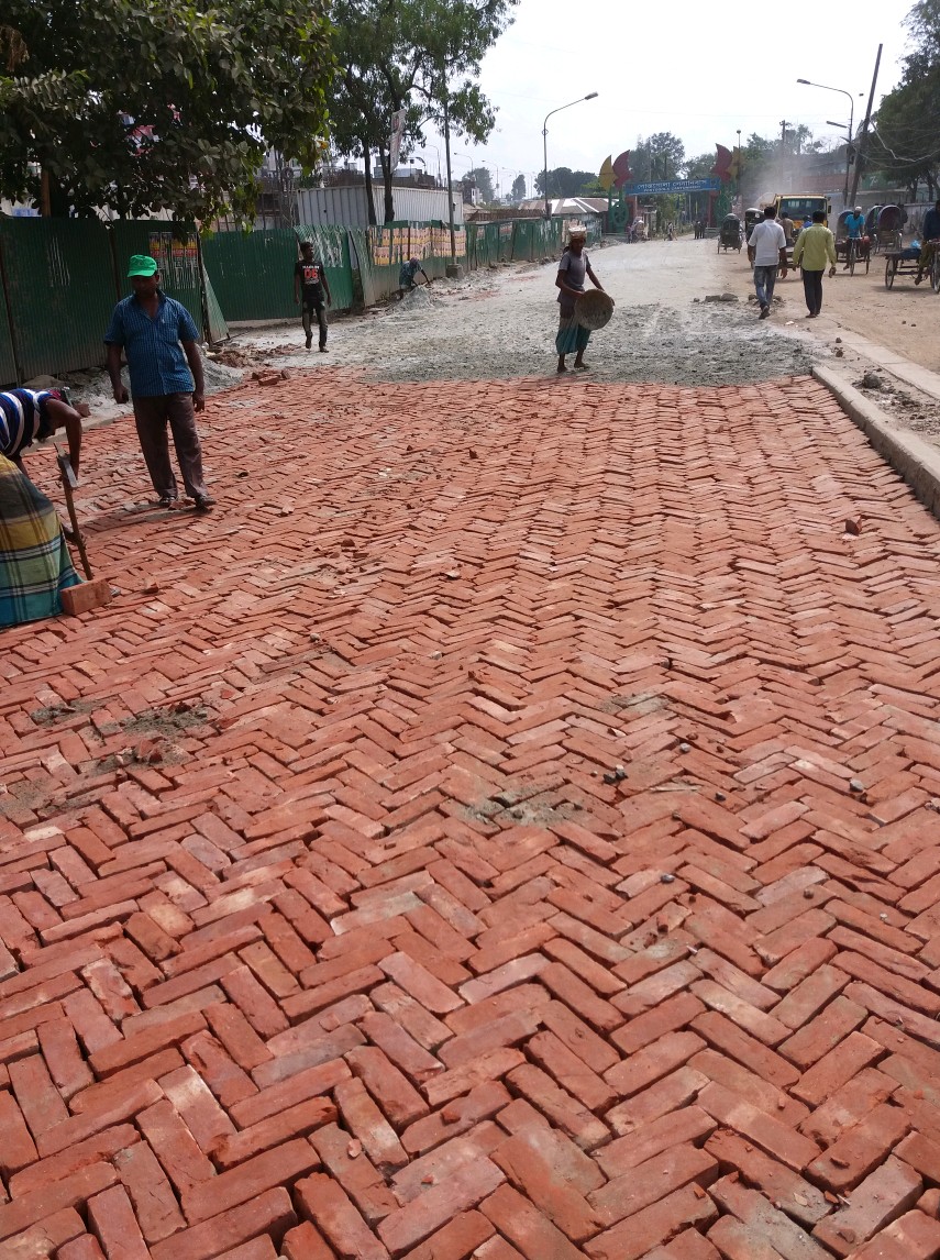 Brick road construction work